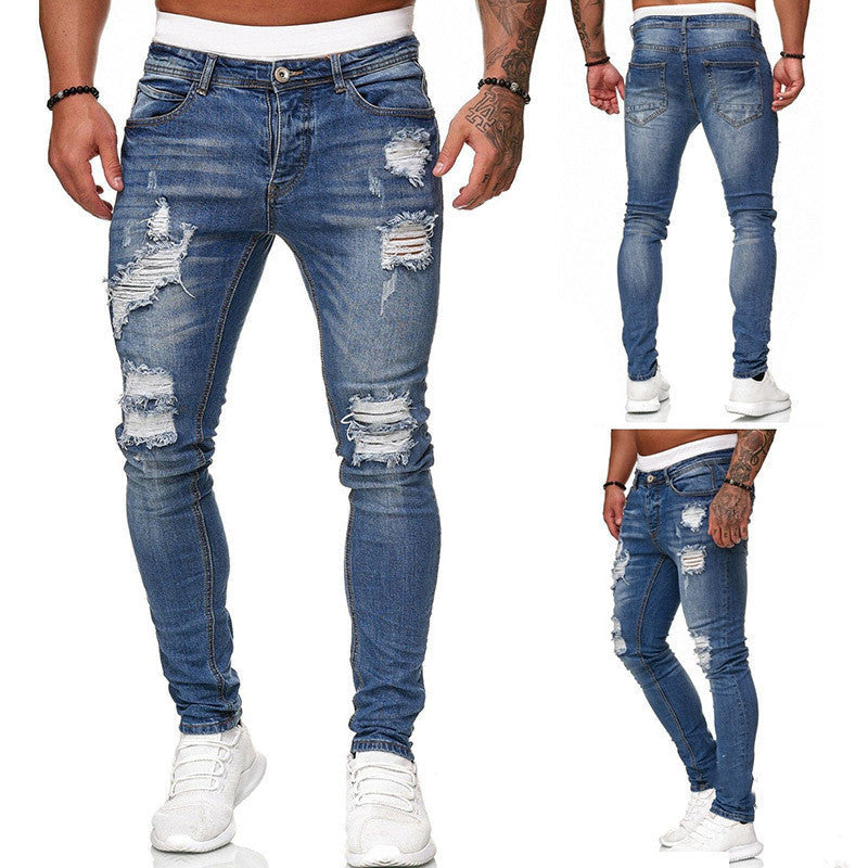 Fashion Street Style Ripped Skinny Jeans Men Vintage Wash Solid Denim