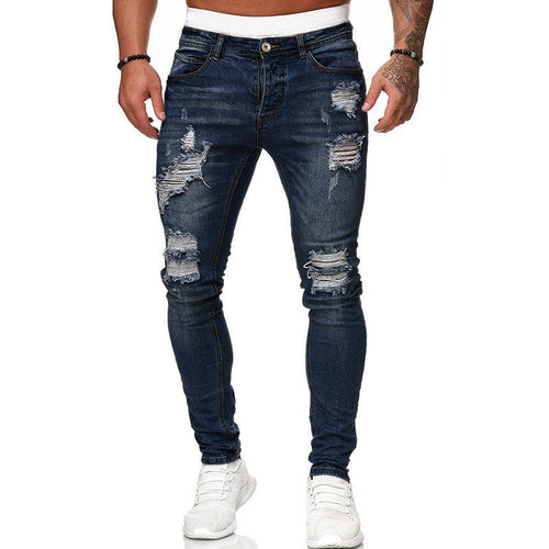 Fashion Street Style Ripped Skinny Jeans Men Vintage Wash Solid Denim
