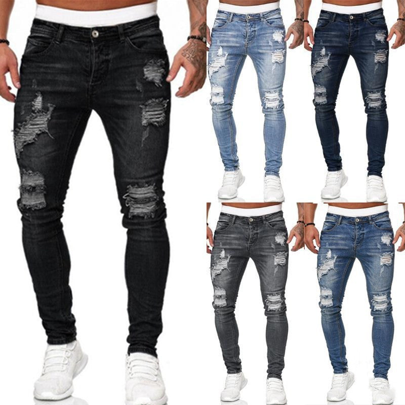 Fashion Street Style Ripped Skinny Jeans Men Vintage Wash Solid Denim