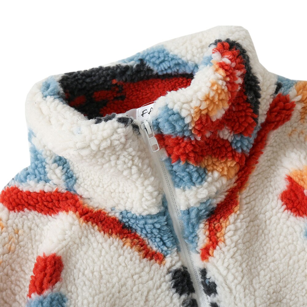 Lambswool Winter Jacket Men Colorful Tie Dye Pockets Zipper Furry Coats Couple Harajuku Fashion Warm Outwear Streetwear